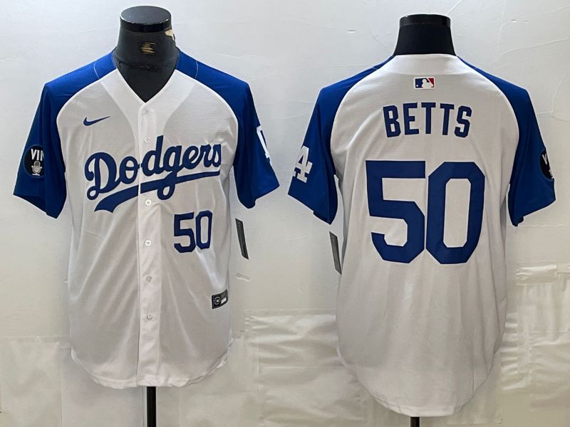 Men Los Angeles Dodgers 50 Betts White blue Fashion Nike Game MLB Jersey style 2